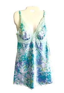 Secret Treasures S Slip Dress 4/6 Nightgown Satin Aqua Print Baby Doll Coquette - Picture 1 of 9
