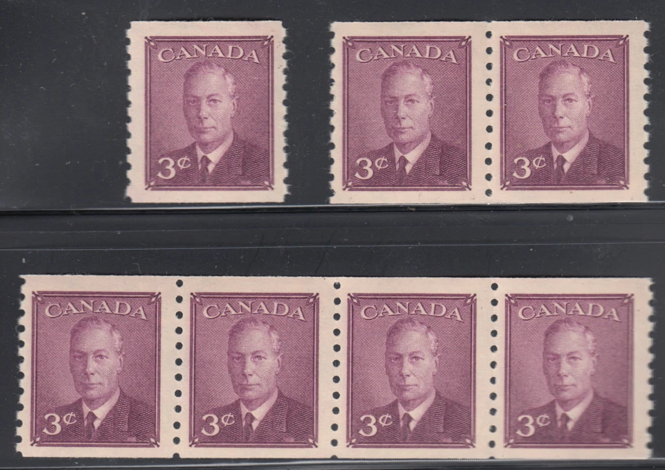 Canada: #296 3c Violet KGVI p9.5 Coil Single Pair Strip Set F/VF NH CV$8 - Image 1 of 1