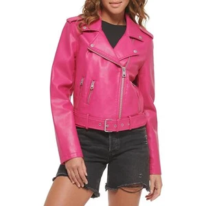 Mujer Chaqueta de Cuero Rosa Genuina Suave Piel de Cordero Motociclista Chaqueta con Cinturón - Imagen 1 de 7