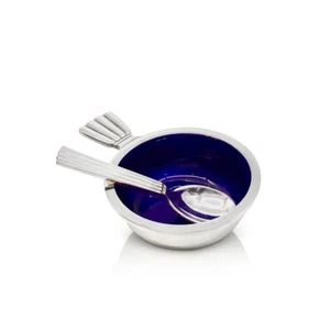 Vintage Georg Jensen Bernadotte Salt Cellar Blue Enamel #102 With Spoon #103 - Picture 1 of 4