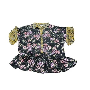 Blusa para mujer Umgee estampado floral con volantes dobladillo ribete de leopardo negra púrpura - Imagen 1 de 4