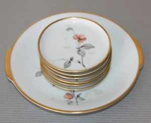 Thomas Porzellan Servierteller mit kleinen 6 Gebäcktellerchen, Blumen/Golddekor - Bild 1 von 5