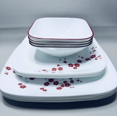 12件装CORELLE Hanami花园餐具方形红色花卉分支套装适用于4件 — 第 1/4 张图片