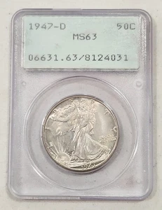 1947-D Liberty Walking Half Dollar 50c PCGS MS63 OGH Rattler Lightly Toned Sheen - Picture 1 of 4