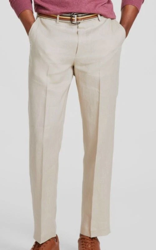 Pantalones de vestir Nautica para hombre beige calce moderno frente plano lino talla 30W 30L Foto 1 de 1