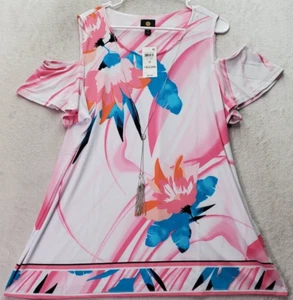 JM Collection Blouse Womens 1X Pink Multi Floral Cold Shoulder Sleeve Round Neck - Picture 1 of 10