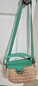 Kontessa Italian Hand Woven Rattan Picnic Satchel Gold Green Handbag Leather - Bild 1 von 13