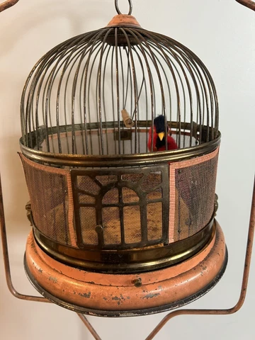 Antique Art Deco Quant Standing Bird Cage W/ Ornate Cast Iron Base & Owl Clasps Cover