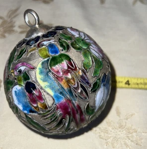 Cloisonné Enamel Christmas Ornament Round COLORFUL Floral Tropical Birds 4” - Picture 1 of 15