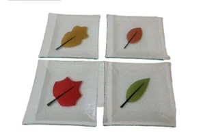 Fused Glass Leaf Pattern Appetizer Dessert Plates Textured Glass - Picture 1 of 7