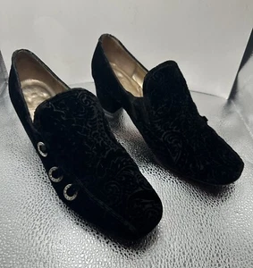 LADIES VINTAGE ANDREW GELLER PUMP BLACK VELVET With RHINESTONE RINGS LEATHER 7 - Picture 1 of 7