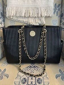 HENRI BENDEL Black Leather Quilted Gold Chain Strap No 7 Tote Bag Handbag Purs