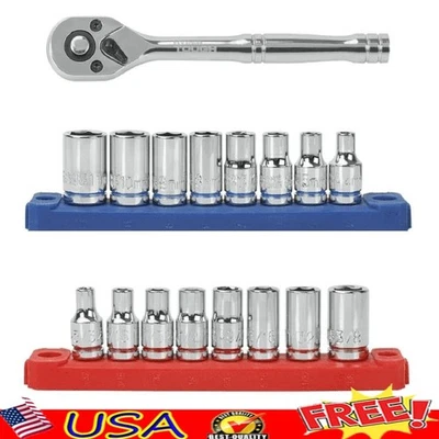 19 Piece 1/4 Inch Drive Ratchet Socket Set Metric SAE Reversible Tool Kit New - Image 1 of 4