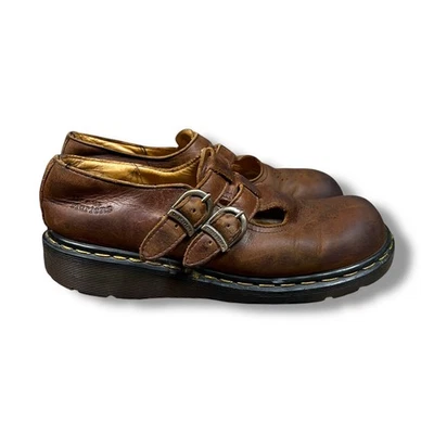 Винтажный 90-х годов Y2K Doc Martens двойной ремень Мэри Джейн туфли из коричневой кожи Великобритании 7/США 9 - Изображение 1 из 4