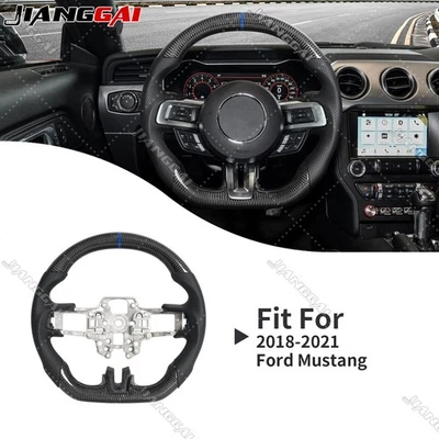 Volante de cuero de fibra de carbono real para Ford Mustang 2018-2023 Blue Line Foto 1 de 4