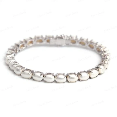 Pulsera de piedras preciosas hecha a mano con cabujón ovalado de plata de ley 925 de perlas para mujer Foto 1 de 4