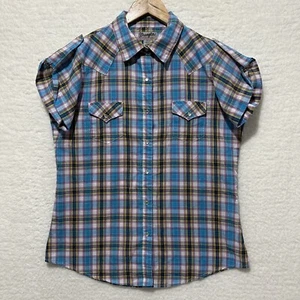 Wrangler Wrancher Pearl Snap Western Show Shirt Blue Pink Plaid Womens Sz M/M/M - Picture 1 of 10