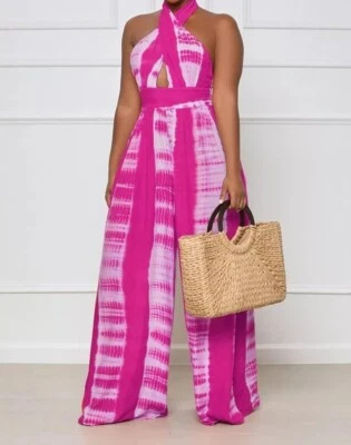 Venta Caliente Mono Mujeres Sin Espalda Halter Estampado Retazos Cremallera Club Piernas Anchas Foto 1 de 4