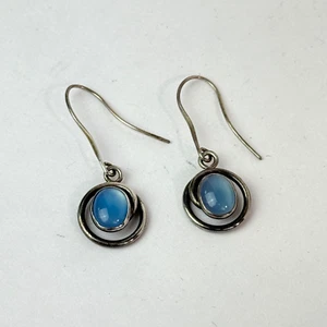 Vintage Blue Moonstone Agate Gemstone Sterling Silver Earrings Wire Wrapped Hook - Picture 1 of 5