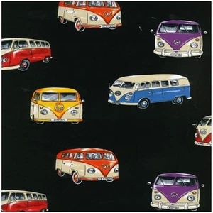 Fat Quarter VW Camper Vans On Tour Camping Quilting Sewing Cotton Fabric Black - Picture 1 of 1