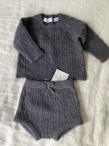 NEW OPEN KNIT WOOL ALPACA BLEND KNIT SWEATER AND BLOOMERS SET ANTHRA GREY 3-6M