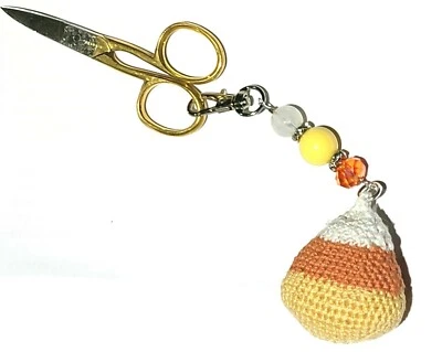 Halloween Candy Corn Beaded Fob & Vintage Gold Plated Embroidery Scissors - Image 1 of 2