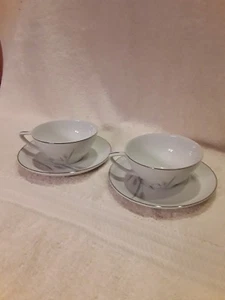 JUEGO DE 2 TAZAS Y PLATILLOS PORCELANA FINA TRIGO PLATINO JAPÓN - Imagen 1 de 6