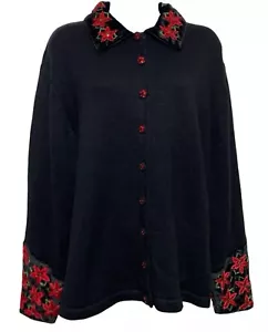 Vintage Tiara International Cardigan Sweater Women Size L Poinsettia Velvet Trim - Picture 1 of 9