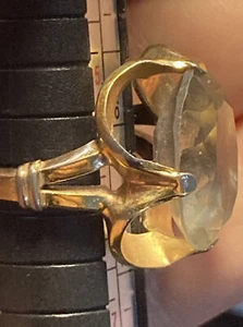 Signed c.c 18kt Gold Electroplate Ring transparent light gray large stone/gem - Picture 1 of 13