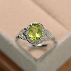 Green Peridot Women Ring Oval Natural Gemstone 925 Sterling Silver Dainty Ring - Picture 1 of 6