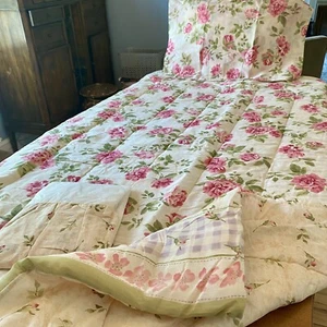 NEW Floral Twin SET Comforter Sham Bedskirt 3pc Pink Rose Tan Pegasus Farmhouse - Picture 1 of 9