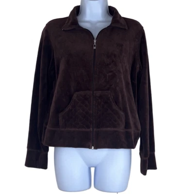 Chaqueta Oleg Cassini Y2K Deportiva Pequeña Cremallera Completa Frontal Marrón Terciopelo Bolsillos Activos Foto 1 de 4