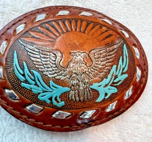 Vtg 1973 Eagle Belt Buckle Tooled Leather Metal Patriotic USA. Brown, silver &.. - Picture 1 of 9