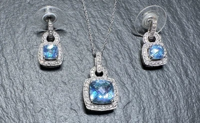 10K WHITE GOLD & BLUE TOPAZ WITH DIAMOND ACCENTS PENDANT NECKLACE, EARRINGS H934 - Image 1 of 4