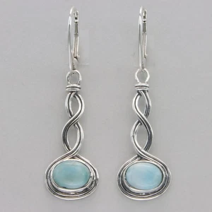 Argento Sterling 925 - Orecchini a leva pendenti a vortice ovale Larimar - naturali - Foto 1 di 8