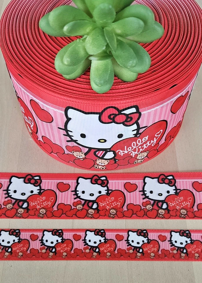 7/8, 1.5 & 3" (1 YD) Hello Kitty Grosgrain Ribbon Valentine Red Hearts - Image 1 of 1