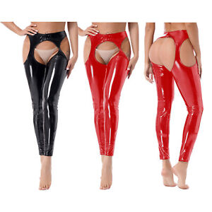 US Womens Shiny Leather Pants Stretchy Crotchless Leggings Pole Dance Clubwear