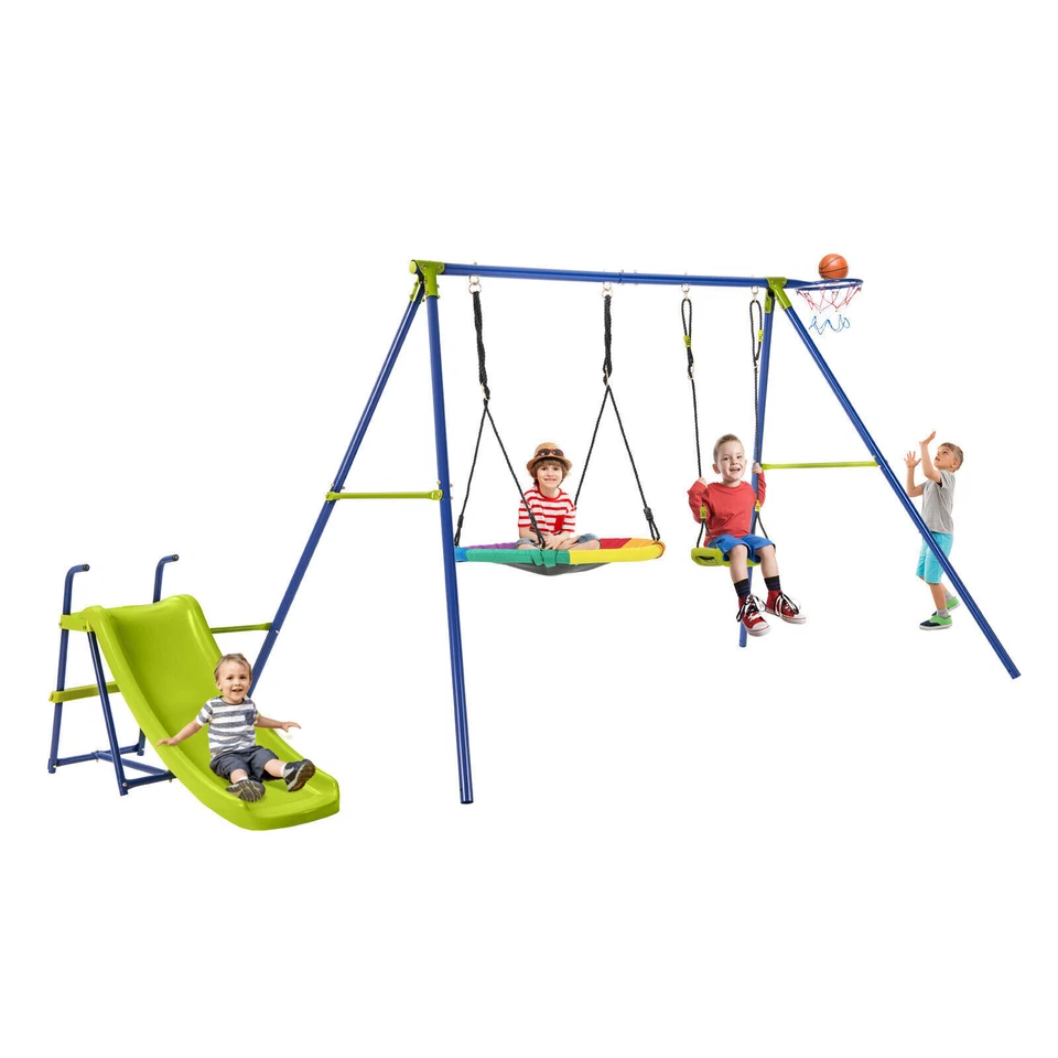 4-in-1 Outdoor Kids Swing Set Heavy-Duty Backyard Metal Playset with Slide - Image 1 of 4