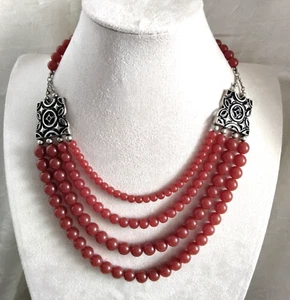 VTG NRT Signed Egyptian revival 4 Strand Dark Cherry Beads Silver Tone hardware - Picture 1 of 4