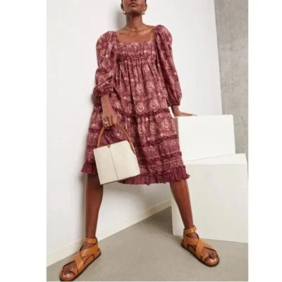 Vestido Ulla Johnson Aina Midi Amaranto Floral Cuello Cuadrado Manga Abullonada Talla 2 XS Foto 1 de 4