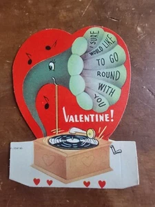 "I'd Like To Go Round With You" Phonograph Anthropomorphic 1950's Valentine - Picture 1 of 2