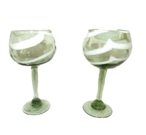 *2 Beautiful Mexican Hand Blown Goblets/ Glasses White Swirl - Picture 1 of 9