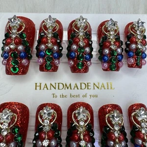 Christmas Luxury Press on Nails with Rhinestones and Pearls False Fake Nails - Picture 1 of 7