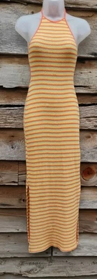 Vintage 70s Double Zero Knit S Orange Yellow Striped Backless Bodycon Maxi Dress - Image 1 of 4