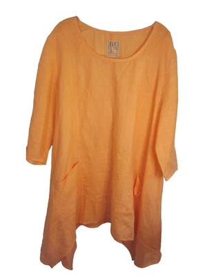 Tunic Kaftan Women Size B48 Orange 3/4 Sleeve Linen Pockets Relaxed F Lagen Look - Image 1 of 4