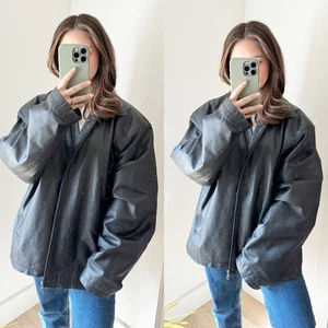 Giacca bomber vintage pelle nera 100% vera pelle con zip XXL - Foto 1 di 10