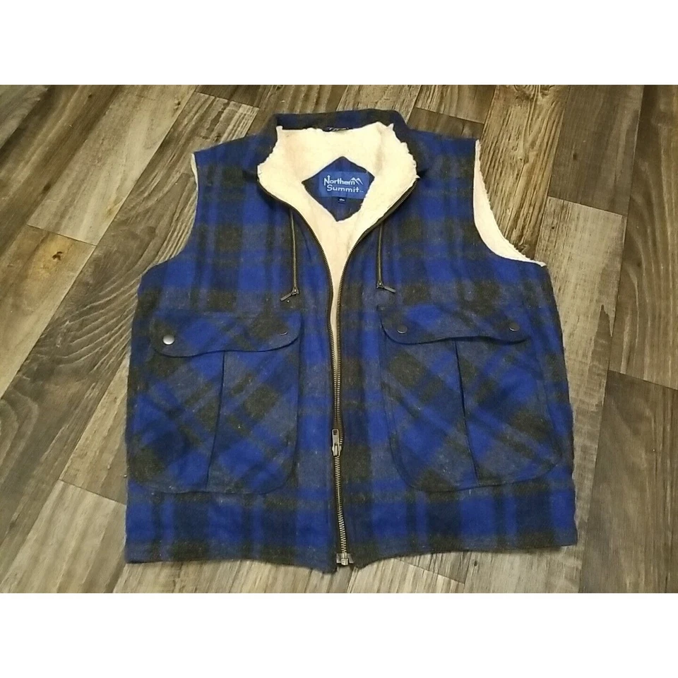 Vintage Northern Summit Large 42/44 Blue Plaid Sherpa Lined Trucker Vest Taiwan - Image 1 of 4