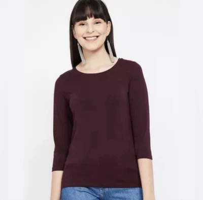 Top tejido Yansi Fugel manga 3/4 mezcla seda borgoña talla pequeña Foto 1 de 4