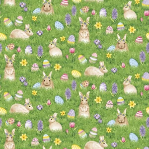 EASTER BUNNIES EGGS IN GRASS HOPPY HUNTING BY HENRY GLASS Cotton Fabric HY - Picture 1 of 1