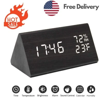 Digital Alarm Clock with Wooden Electronic LED Time Display Bedroom kitchen New - Image 1 of 4